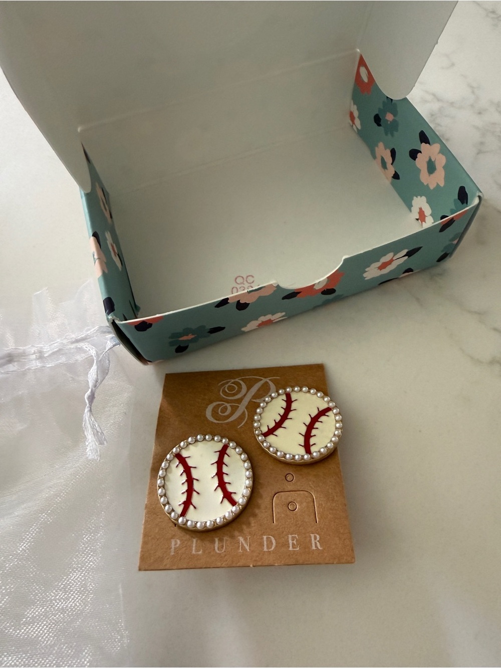 Plunder White & Red Baseball Crystal-Edged Stud Earrings